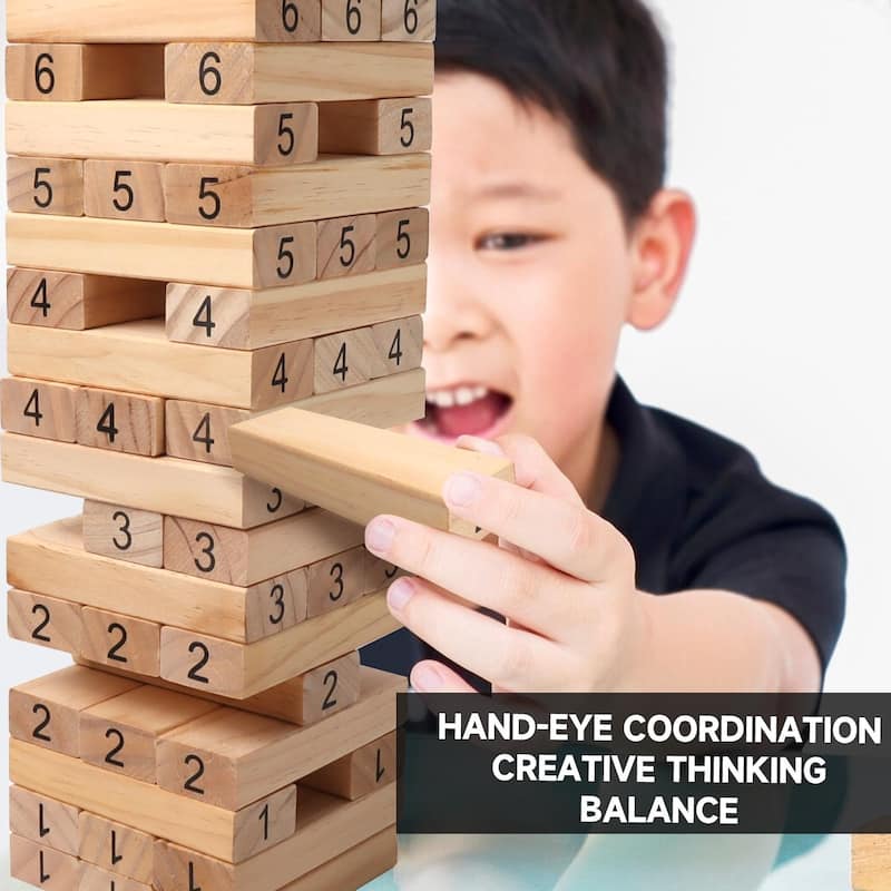 54-Piece Jumbo Tumbling Timber. Giant Wooden Building Block Stacking Game for Kids & Adults - 8.25"x2.75"x1.75" Blocks