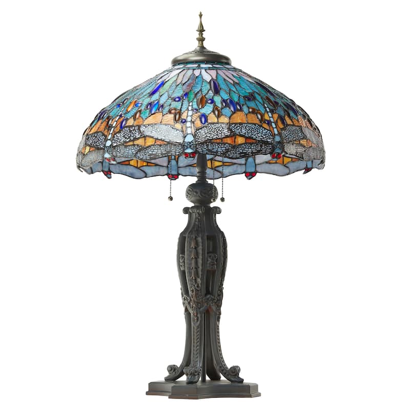 Multi Dragonflies River of Goods Tiffany-Style Multicolored Stained Glass 35-Inch Table Lamp - 22" x 22" x 35"