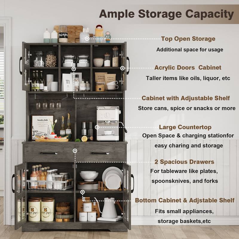 Modern Kitchen Pantry Cabinet with Power Outlet, Microwave Stand, Wine Glass Holder for Dining Room & Home Bar