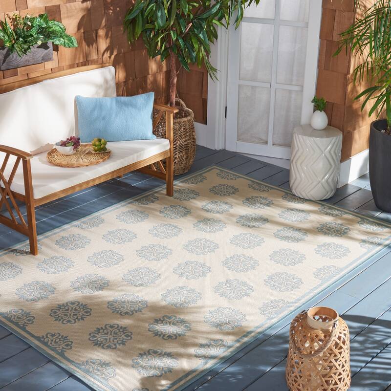 SAFAVIEH Beach House Indoor/ Outdoor Waterproof Patio Backyard Rug - 6'7" x 9'2" - Cream/Aqua