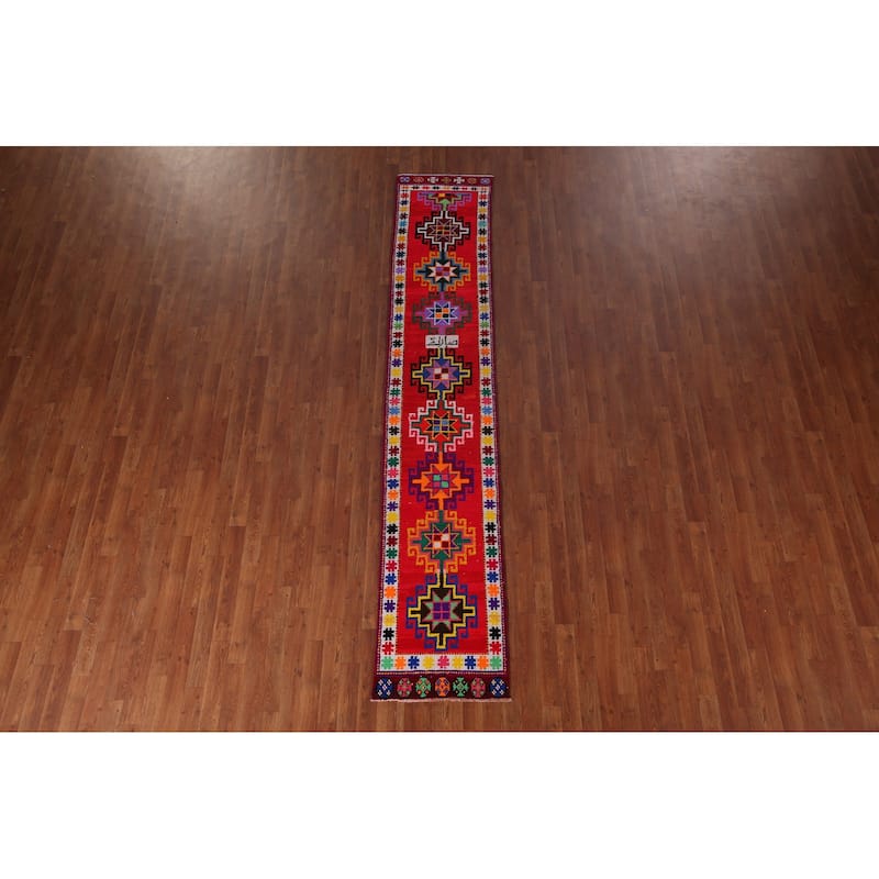Tribal Anatolian Turkish Vintage Runner Rug Handmade Red Silk Carpet - 1'11"x 10'6"