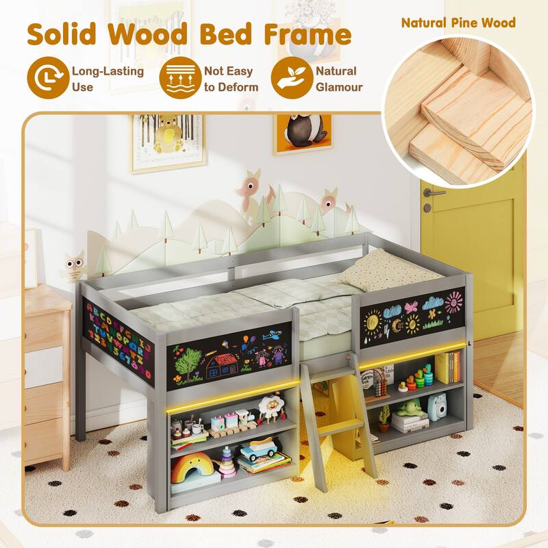 Gymax Low Loft Bed Twin Size Wooden Bed Frame Kid's Cabin Bed w/