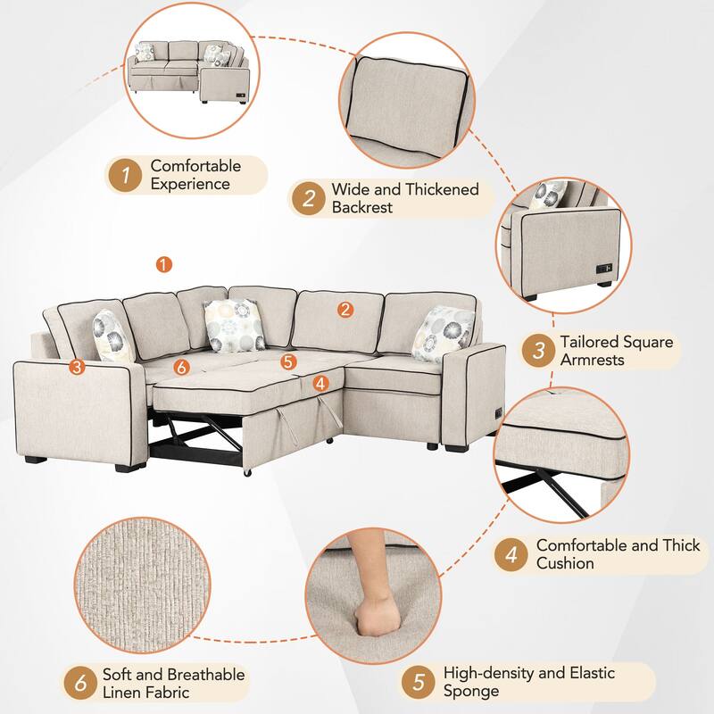 L-Shaped Pull Out Sofa Bed Modern Convertible Sleeper Sofa with 2 USB ports, 2 Power Sockets and 3 Pillows