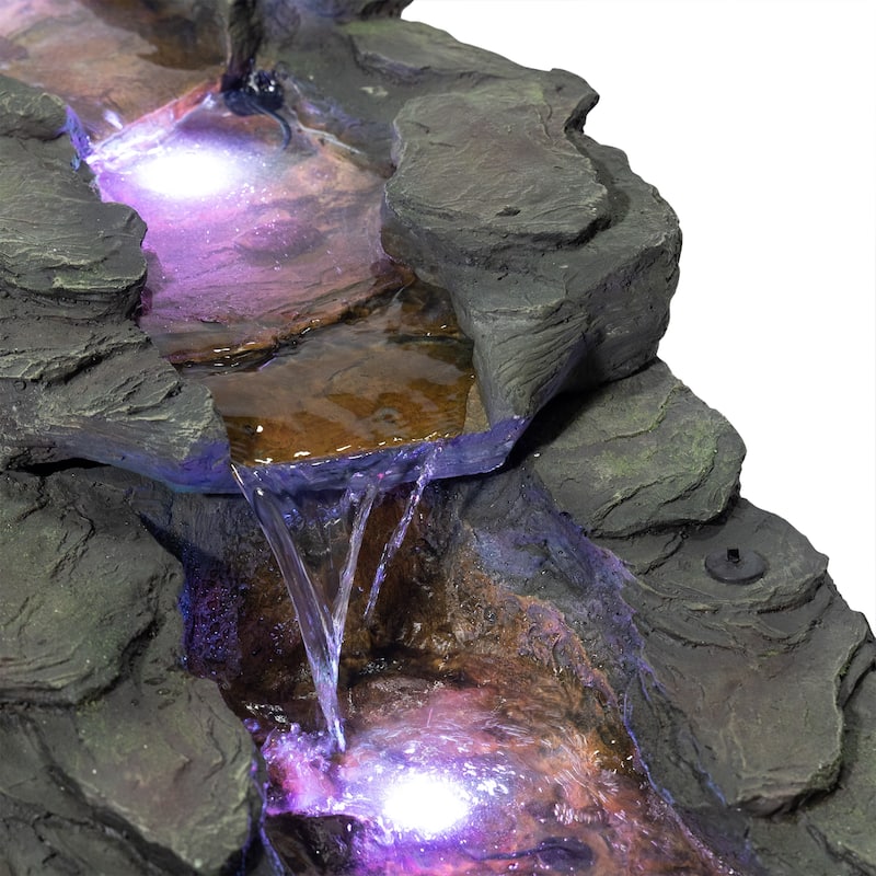Alpine Corporation TZL240 76" Brown Outdoor Tiered Rocky River Stream Water Fountain with Color Changing LED Lights and Remote