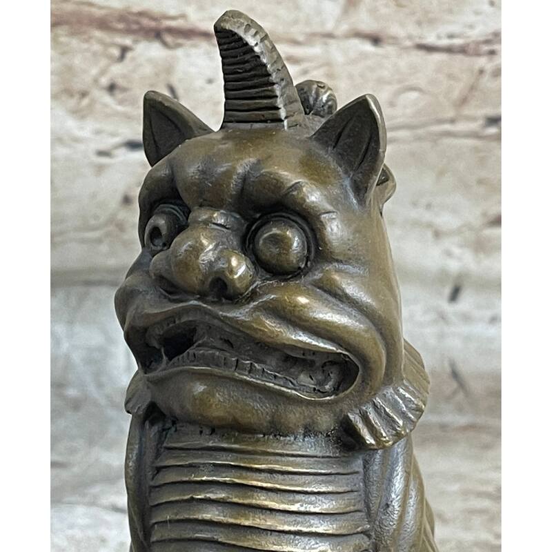 Chinese Foo Imitative Dog Guardian Imitative Lion Bronze Statue Sculpture Figure Marble Base 7.5 Inches X 5 Inches