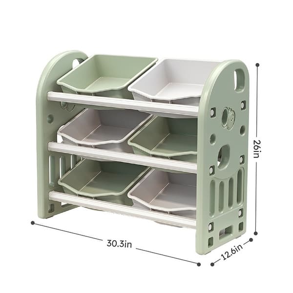 dimension image slide 3 of 8, Kids Toy Storage Organizer with 6 Bins, Multi-functional Nursery Organizer Kids Furniture Set Toy Storage Cabinet Unit