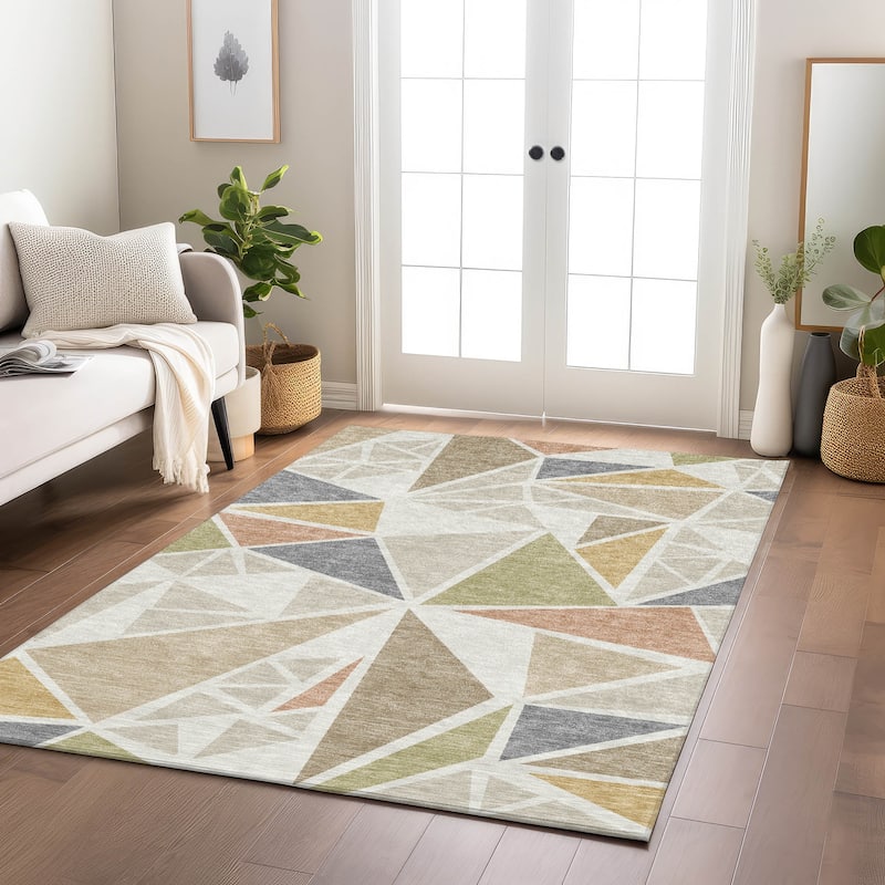 Machine Washable Indoor/ Outdoor Abstract Mosaic Chantille Rug