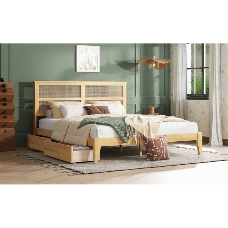Roomfitters King Wood Bed with Rattan Headboard, Two Underbed Storage Compartments, Reinforced Slats & Support Feet