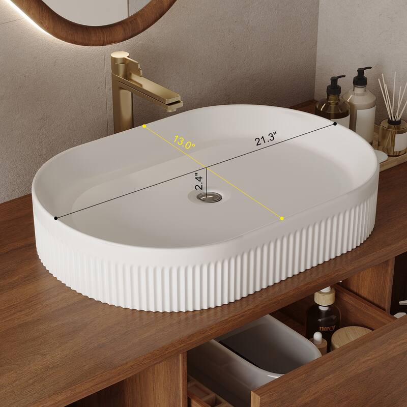Floating Bathroom Vanity Wall-Mounted Cabinet with Oval Ceramic Sink, Soft-Close Storage Drawers, Open Shelf and Drain Pipe