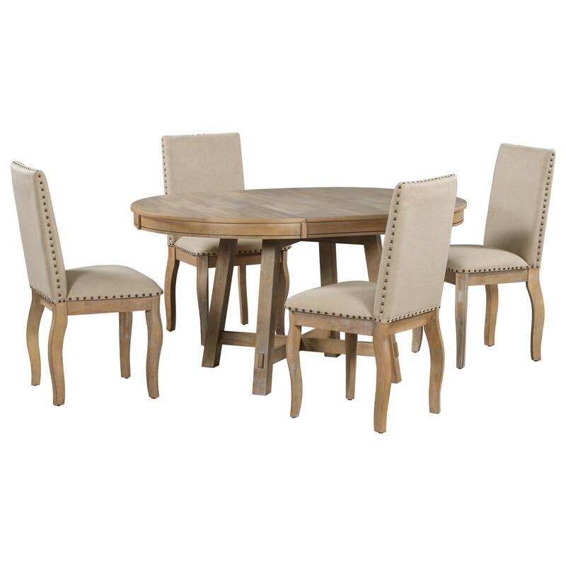 Modern 5-Piece Wooden Dining Table Set with Extendable Round Table & 4 Chairs