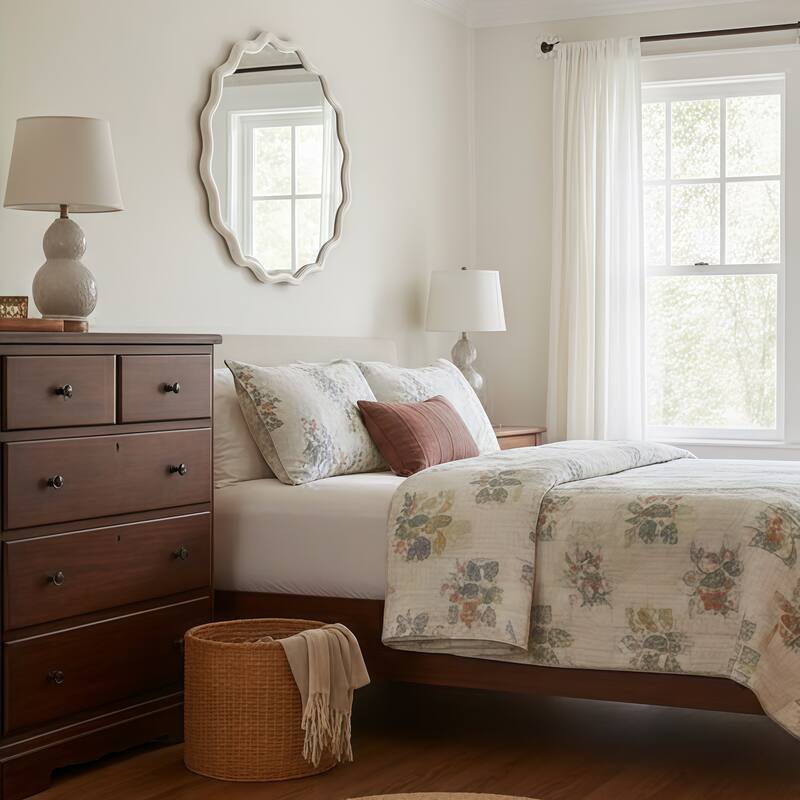 White Wavy Round Solid Wood Decorative Mirror - Bedroom, Bathroom, Living Room, Entryway