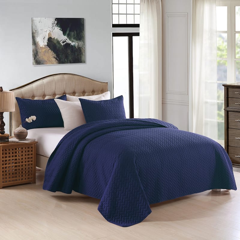 Ultrasonic Reversible 3-Piece Quilt Set with Pillow Shams - Navy - King