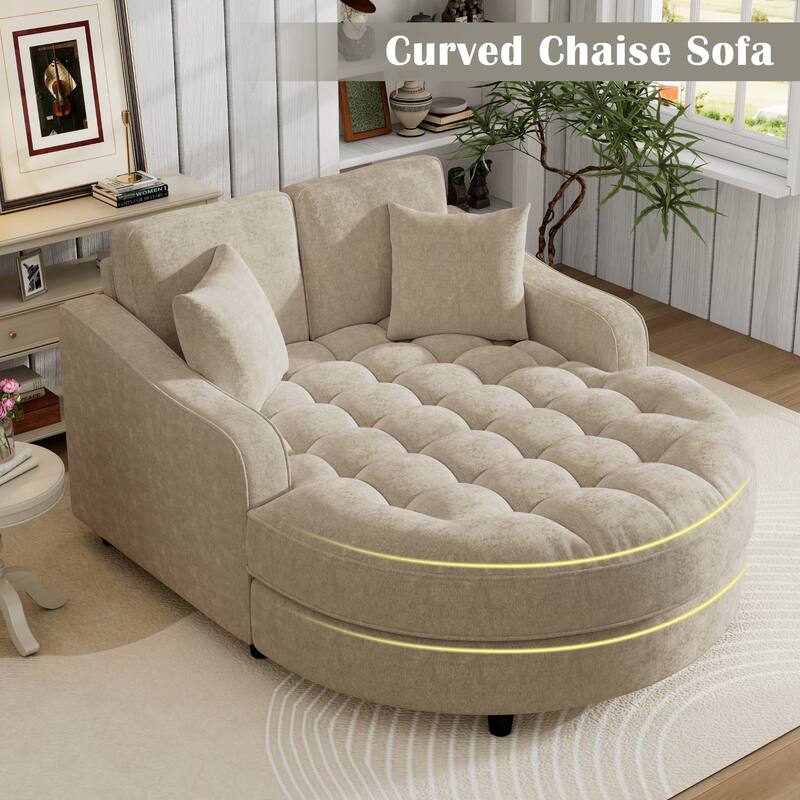 55" Champagne Chenille Chaise Lounge Sofa Bed with Tufted Seat and Detachable Pillows