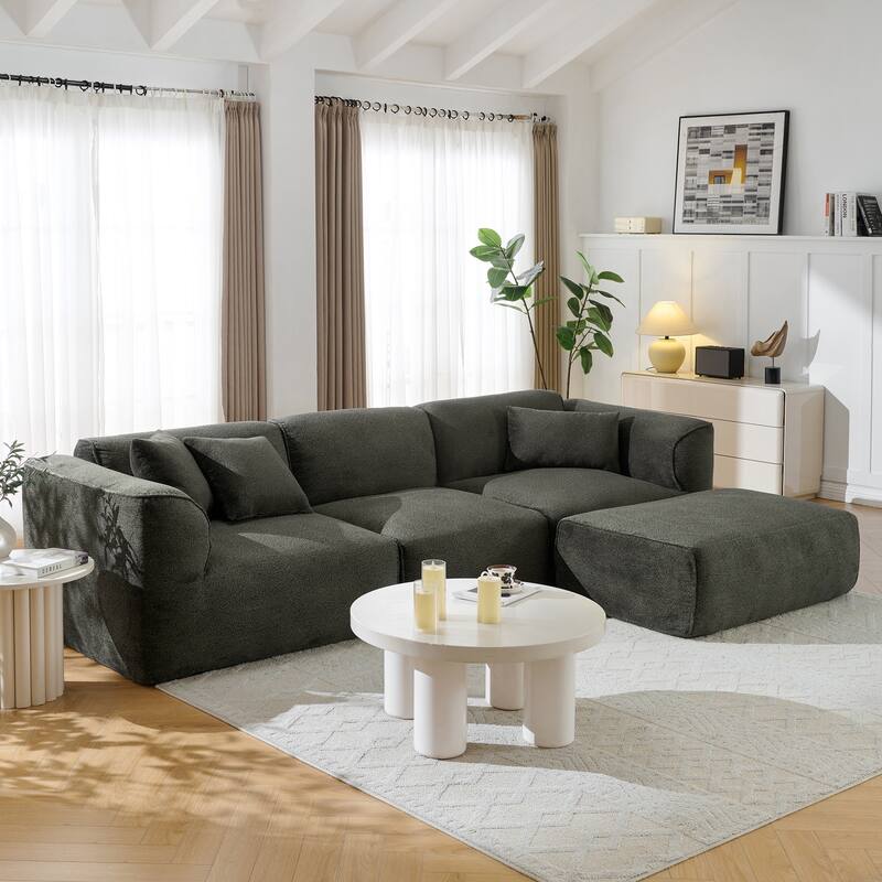 Luxurious Velvet 4-Seater Sofa with Detachable Footstool & Pure Sponge Cushions - Grayish Green