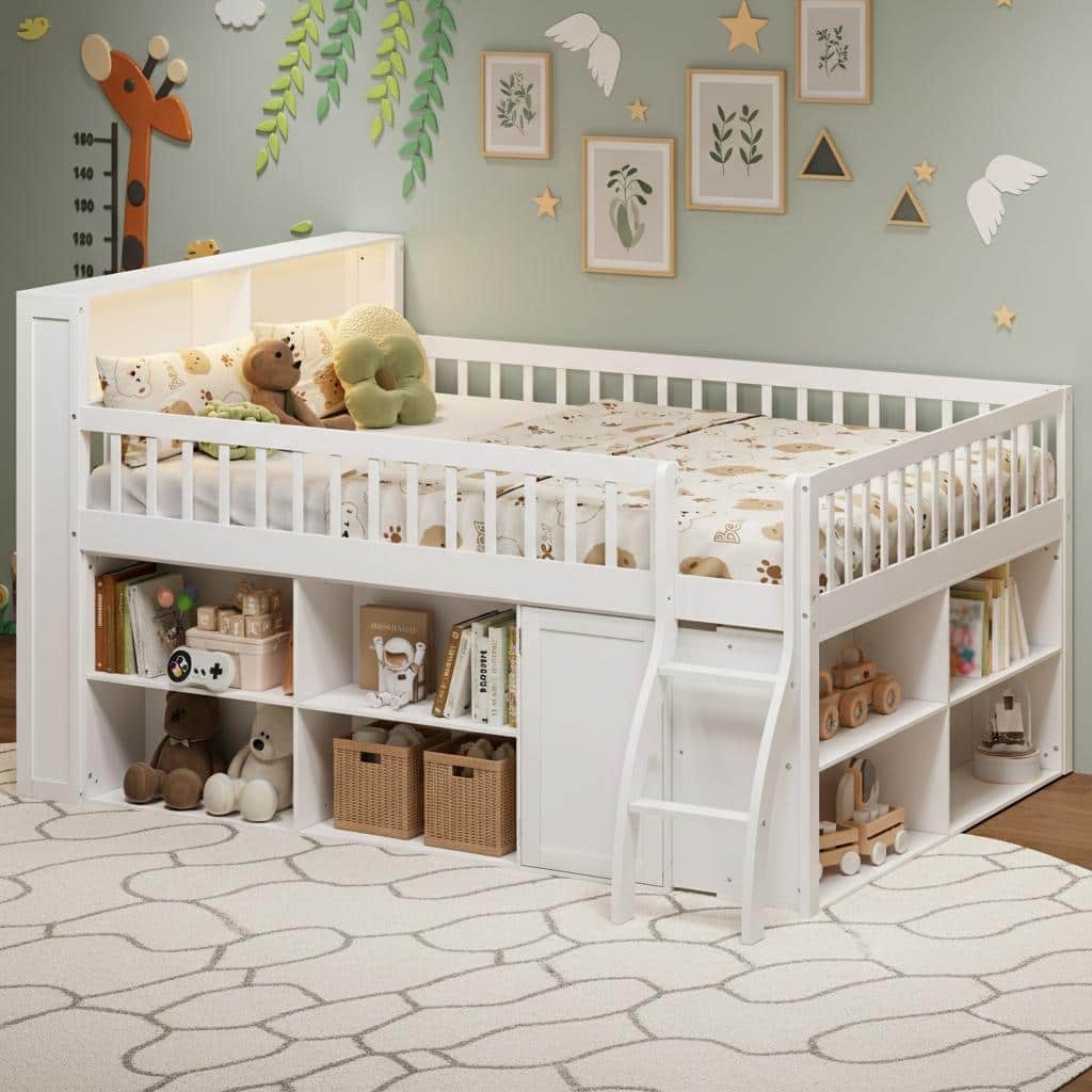 Loft Bed with Integrated LED Headboard, Spacious Storage & Cabinet by Harper&Bright Designs