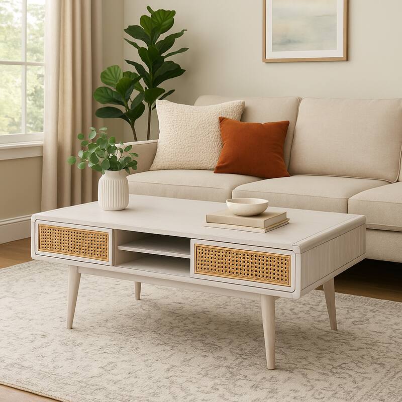 Camy Coffee Table, Brown Cane Woven Doors, Open Shelf, White 48 Inch