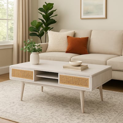 Camy Coffee Table, Brown Cane Woven Doors, Open Shelf, White 48 Inch