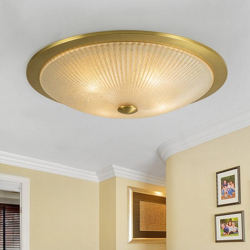 23in Wide Aged Brass Round Textured Glass Flush Mount Light