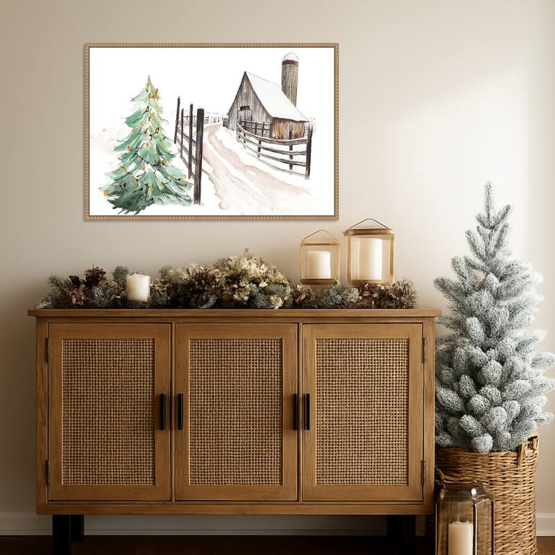 Snowy Vermont Farm by Patricia Pinto (33 x 23 in.), Framed Canvas Wall Art Print - Sylvie Beaded Rustic Natural