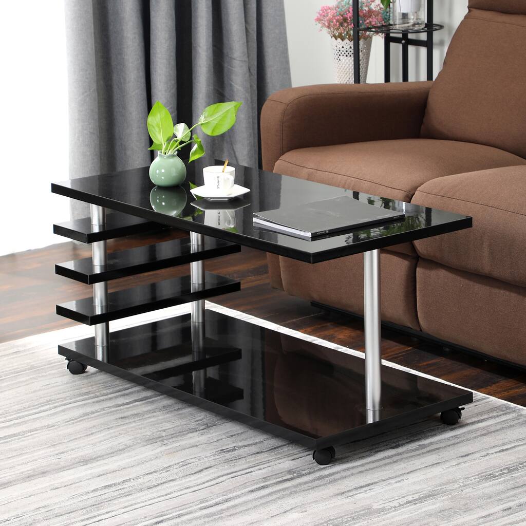 Coffee Table with Storage Shelf and Wheels for Living Room