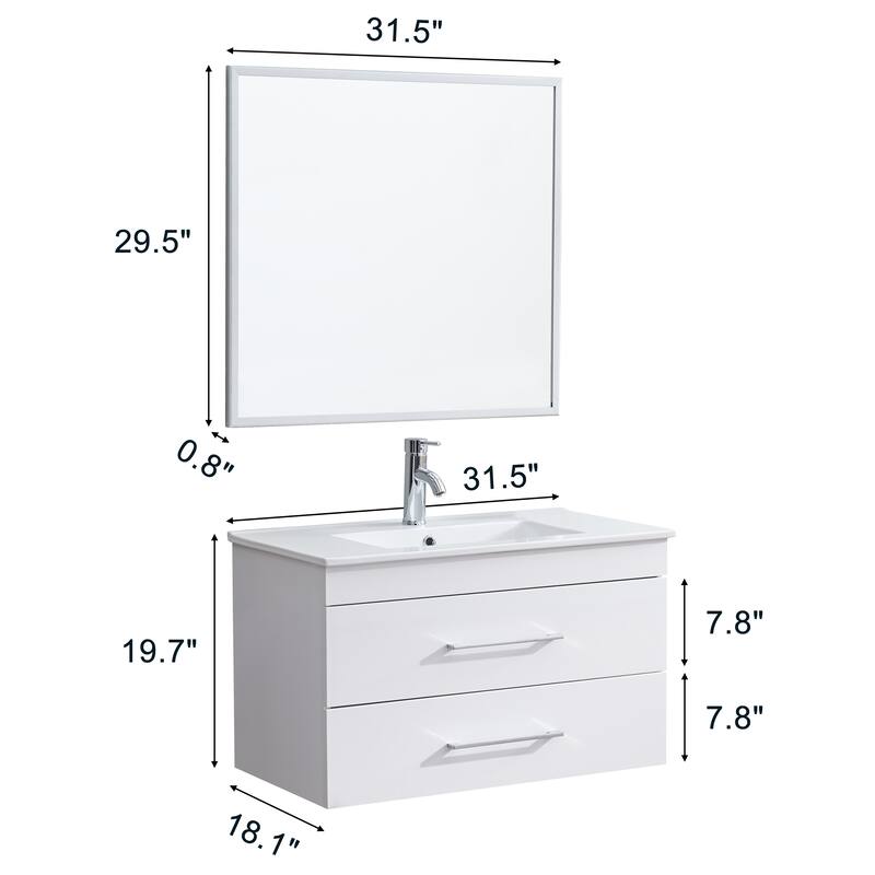 GDFStudio - 32-Inch White Gloss Wall-Mounted Bathroom Vanity with Double Drawers