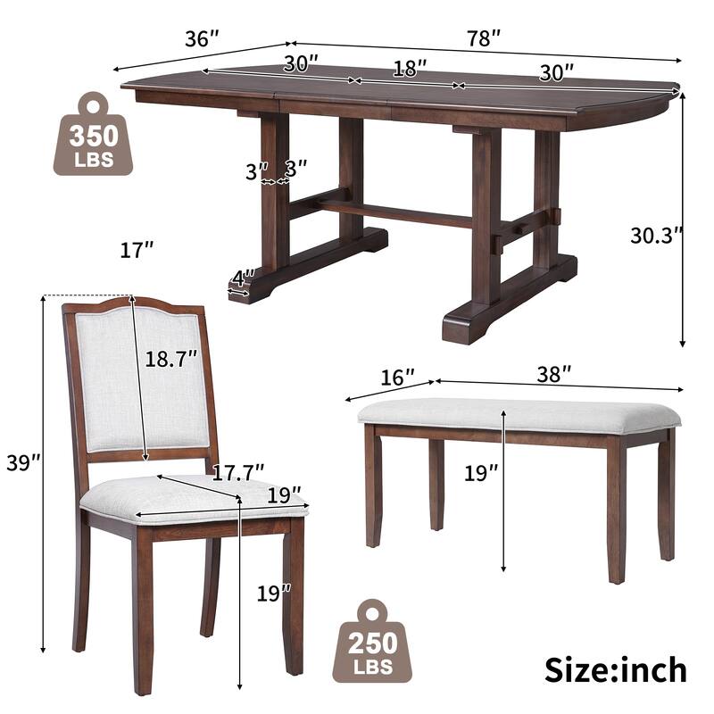 Extendable 6-Piece Dining Set with 78" Wood Table, 4 Upholstered Chairs, and Bench, Seats 6-8 Guests
