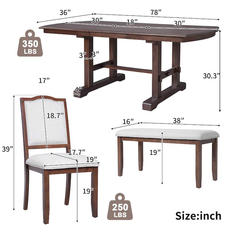 Roomfitters 6-Piece Extendable Dining Table Set, 60-78 Inch Wooden Kitchen Table with Leaf, 4 Upholstered Chairs & Bench