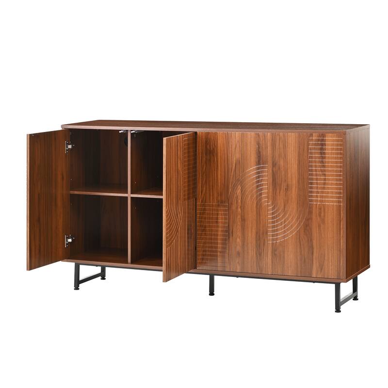 Mid-Century Modern Sideboard Buffet Cabinet, 59-Inch Geometric Carved Storage Cabinet with Metal Legs, Multi-Purpose Credenza