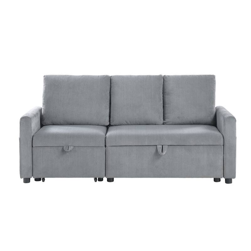 70"W Gray Corduroy Sofa with Pull-Out Chaise, Underseat Storage, Side Pocket