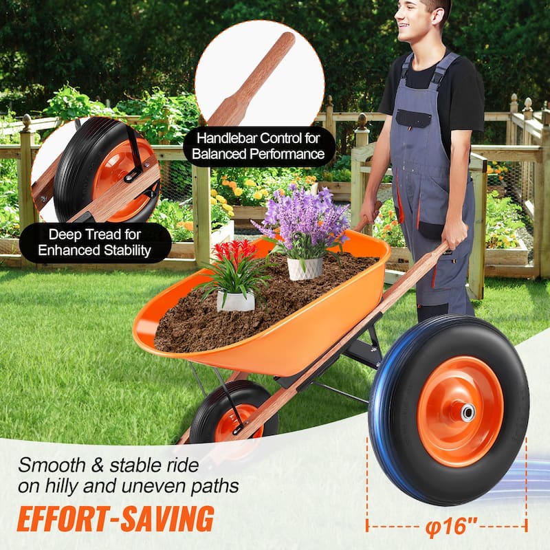 Orange Iron PU Heavy-Duty Wheelbarrow 330lbs Cart w/ Foam Tire - 54.72 x 25.59 x 27.56 in