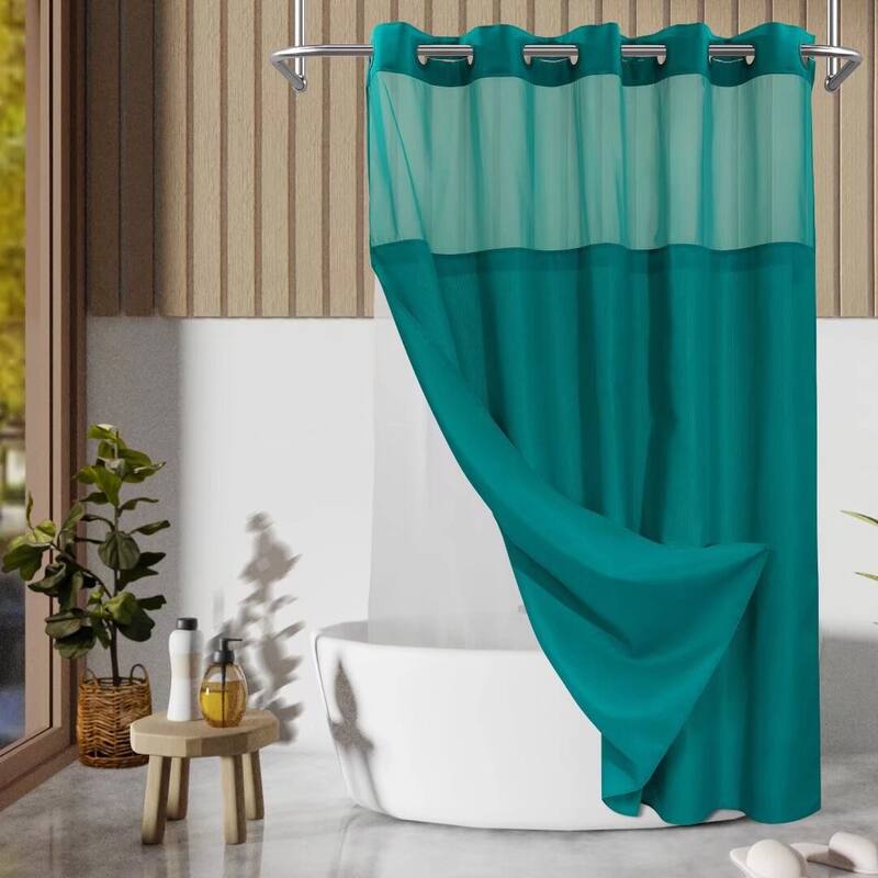 No Hook Slub Linen Texture Shower Curtain with PEVA Snap-in Liner