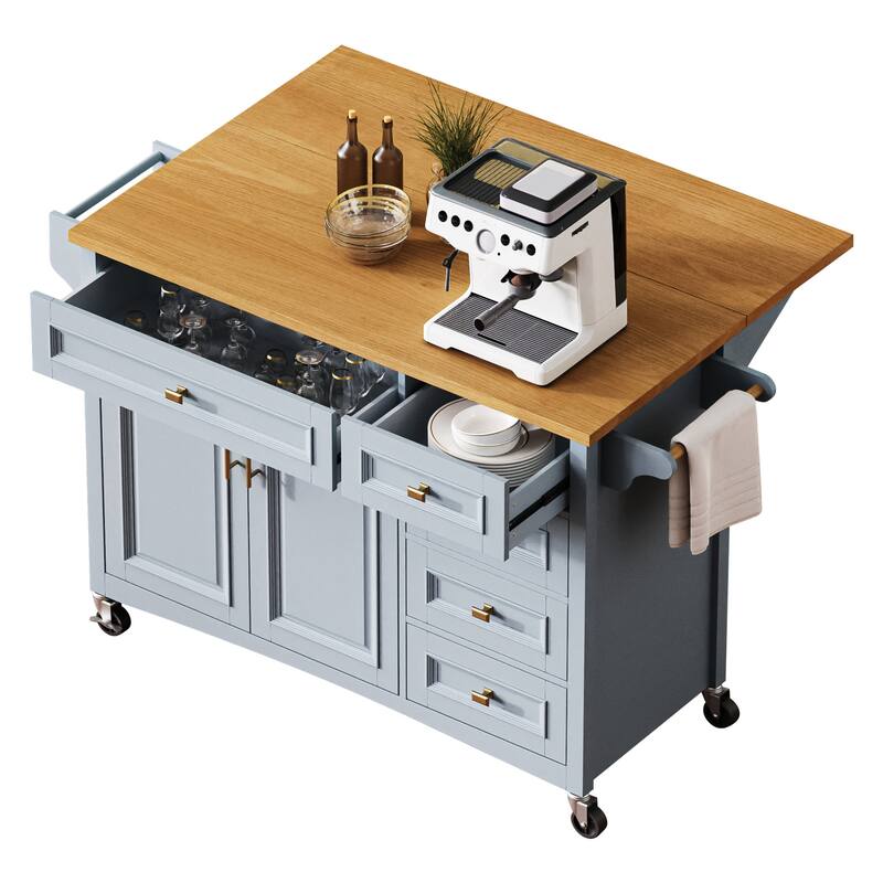 52" Rolling Kitchen Island Cart, Embossed Texture Kitchen Island on Wheels, Kitchen Storage Cart with Drop Leaf