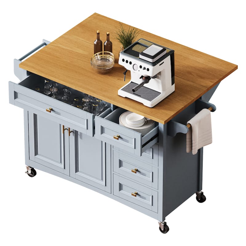 Rolling Kitchen Island with Drop Leaf, Kitchen Storage Cart with Spice Rack, Fold Dining Table with Adjustable Shelf