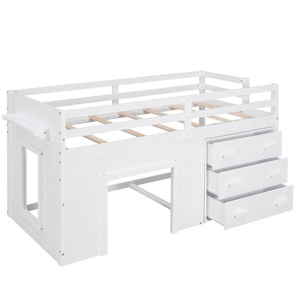 slide 2 of 20, Modern Style Twin Size Wood Loft Bed with Shelf and Cabinet for Storage White