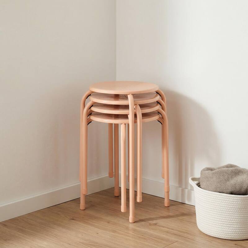 FurnitureR Metal Round Stool Set of 4/6 Stackable Backless Stools for Kitchen Home - Pink-4PCS