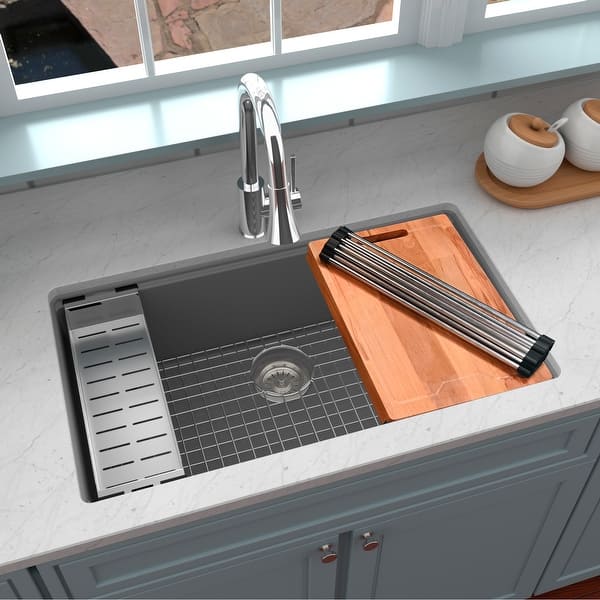 slide 2 of 49, Karran Undermount 32.5 in. Large Single Bowl Quartz Workstation Kitchen Sink Grey