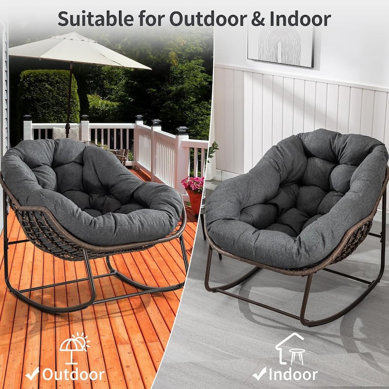 Outdoor Rattan Rocking Chair,Padded Cushion Rocker Recliner Chair Outdoor for Front Porch, Living Room, Patio, Garden