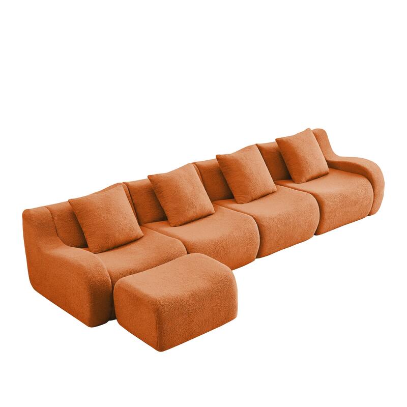 Oversized Sectional Sofa with Ottoman for Living Room, 118" Modern Floor Teddy Fabric Sofa L-Shape Couch with 4 Throw Pillows