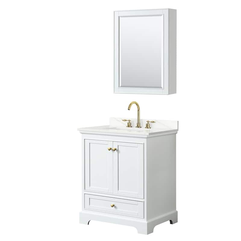 Deborah 30-inch Single Vanity, Quartz Top, Medicine Cabinet - White, Gold Trim, Giotto Quartz Top