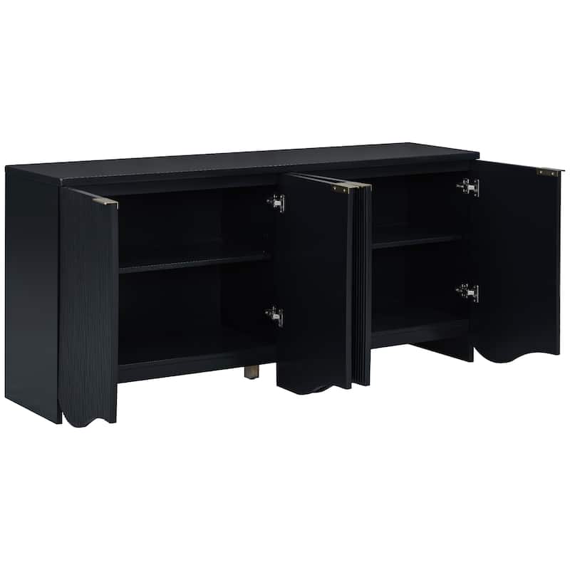 63-Inch Four-Door Storage Cabinet with Vertical Stripes and Wavy Design, Adjustable Shelves, MDF Construction, for Living Room