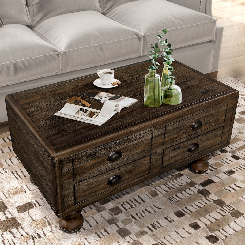 Rectangle Coffee Table, 40-Inch Antique Coffee Table with 4 Drawers,Wood Center Table Tea Table with Rivet Decoration Legs