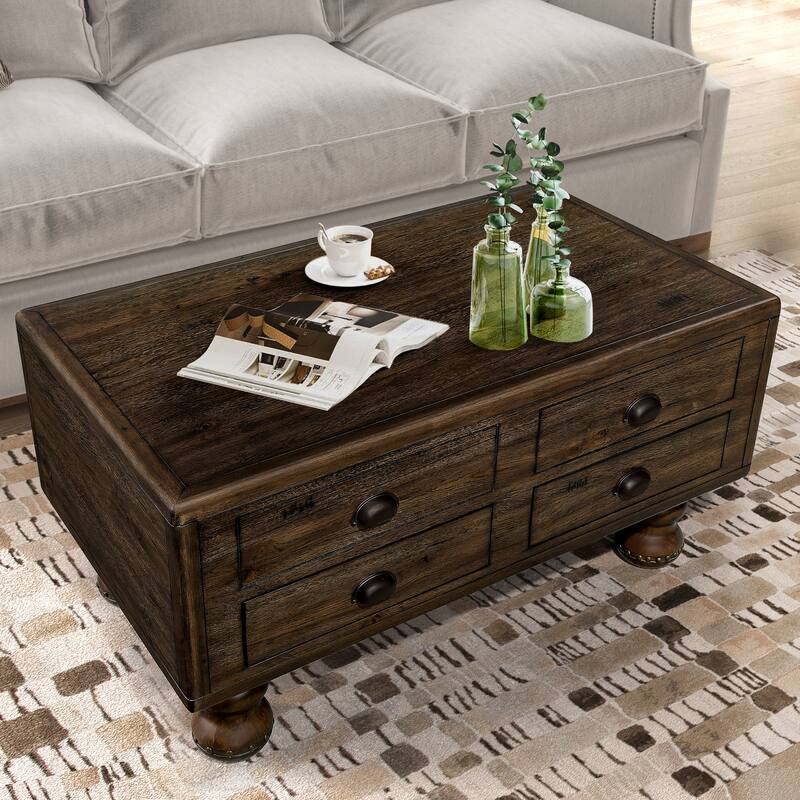 Solid Wood Rectangle Coffee Table with 4 Drawers