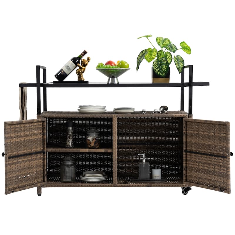 Outdoor Patio Wicker Bar Cart with Storage Cabinet and Glass Top, Rolling Rattan Beverage Bar Table w/360掳 Wheels & Open Shelve