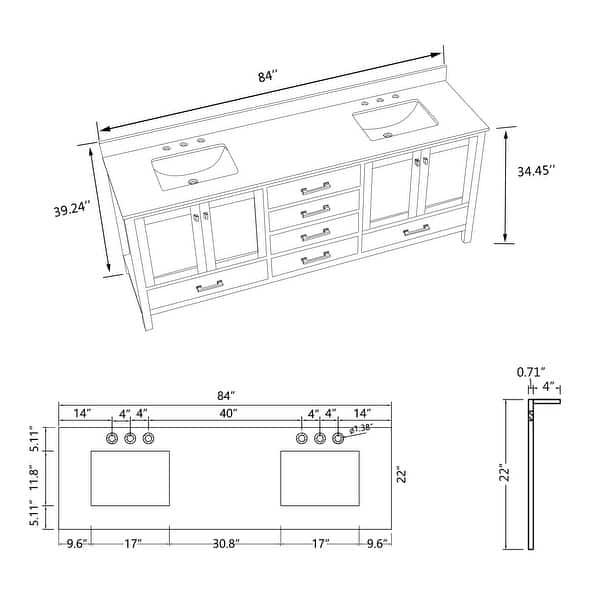 PROOX 84 inch Freestanding Bath Vanities with Culture Marble Top Undermount Sink - 84" W x 22" D