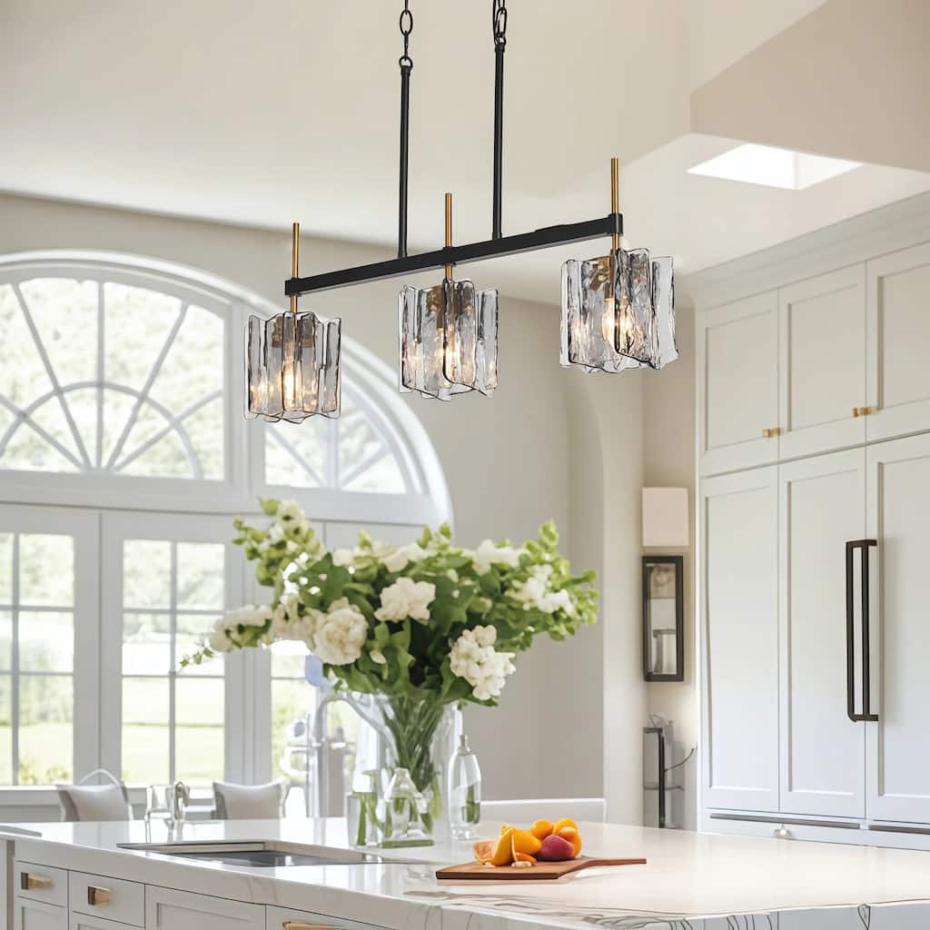 Kasy Modern 3-Light Textured Glass Chandelier for Kitchen Island Dining Room - W 24.8" x D 4.7" x H 10.2"