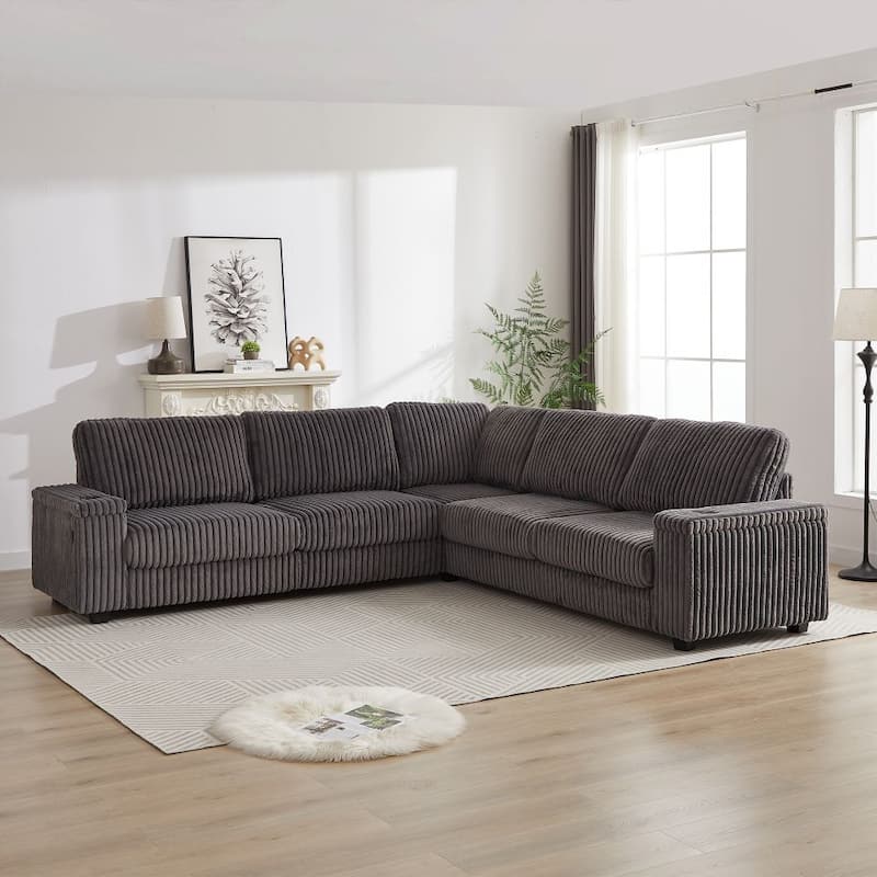 110-Inch L-Shape Oversized Corduroy Corner Sofa with Two Storage Spaces,USB Port, Type-C Port and Cup-Holder