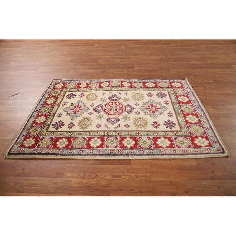 Beige Geometric Kazak Foyer Rug Handmade Wool Carpet - 2'9"x 4'0"