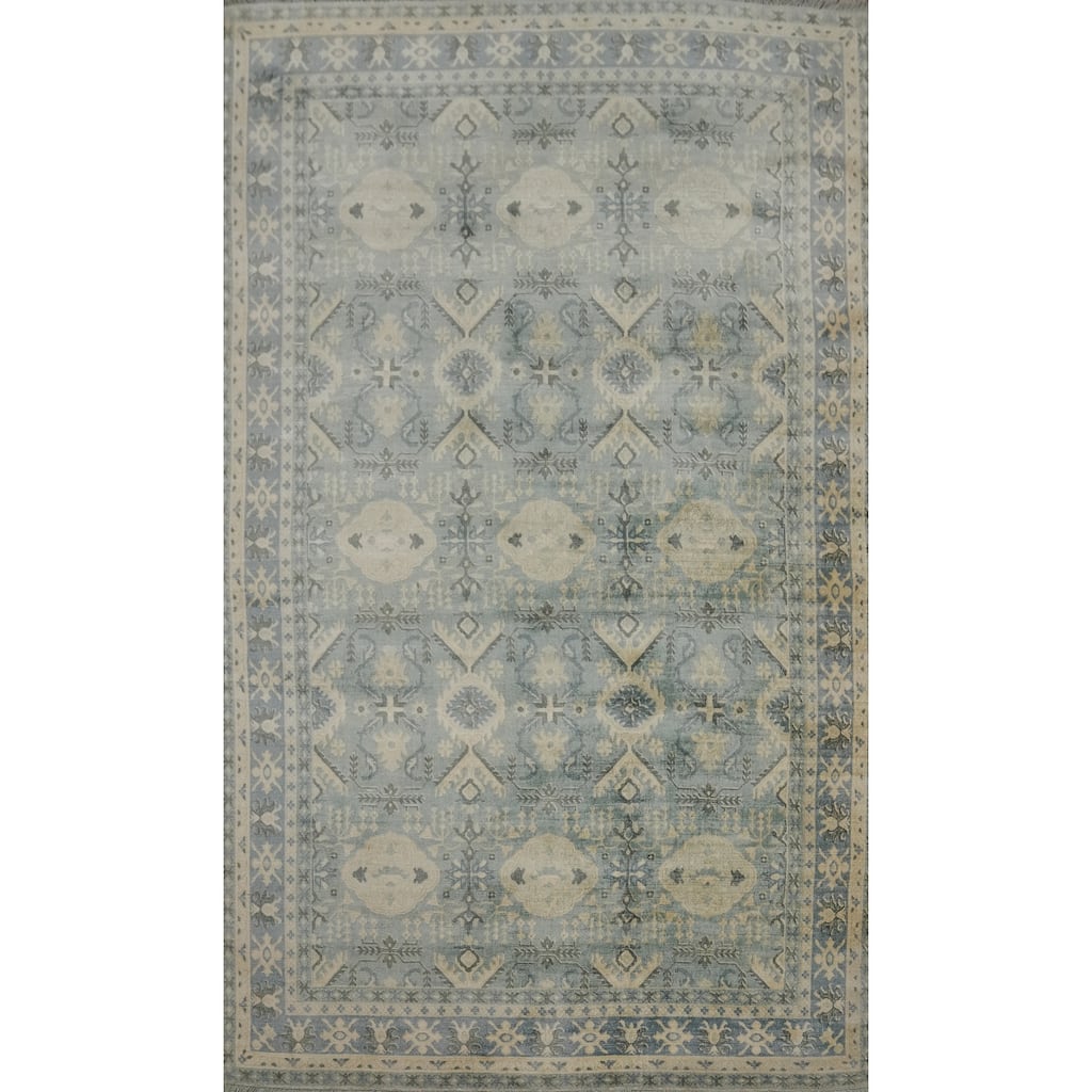 Hand-knotted Transitional Silk Carpet Blue Oushak Rug Geometric Oriental Area Rug - 9' 10'' X 6' 6''
