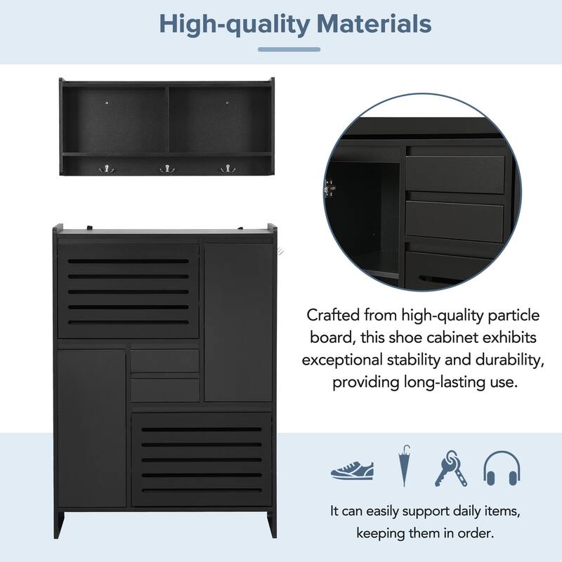 Multi-Functional Shoe Cabinet with Wall Cabinet, Space-saving Design Side Cabinet with 2 Flip Drawers and Hanging Hooks