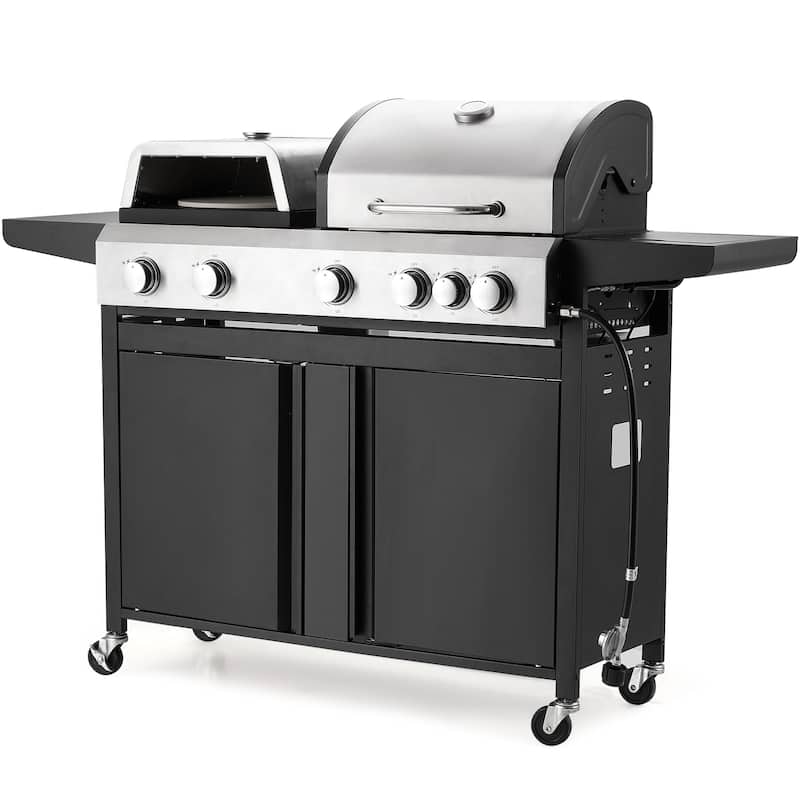Outdoor Propane Gas Grill with Pizza Oven, 4+1 / 5+1 Burners, Side Burner, Removable Grates, Stainless Steel BBQ Grill